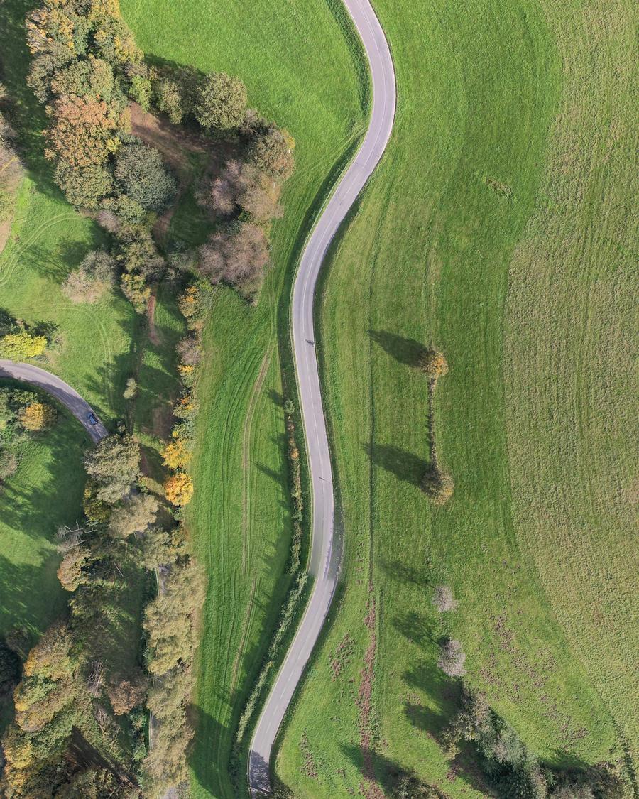 Vista aérea de uma estrada entre campos verdes